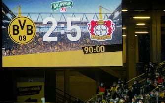 epa09733295 The final score of 2-5 is shown on a huge screen after the German Bundesliga soccer match between Borussia Dortmund and Bayer Leverkusen at Signal Iduna Park in Dortmund, Germany, 06 February 2022.  EPA/SASCHA STEINBACH CONDITIONS - ATTENTION: The DFL regulations prohibit any use of photographs as image sequences and/or quasi-video.