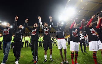 AACHEN, GERMANY - APRIL 23:  Players of Frankfurt celebrate with the fans after the Second Bundesliga match between Alemannia Aachen and Eintracht Frankfurt at Tivoli Stadium on April 23, 2012 in Aachen, Germany.  (Photo by Alex Grimm/Bongarts/Getty Images)