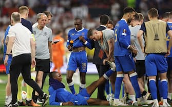 SEVILLE, SPAIN - MAY 18: Joe Aribo of Rangers goes down with cramp during the UEFA Europa League final match between Eintracht Frankfurt and Rangers FC at Estadio Ramon Sanchez Pizjuan on May 18, 2022 in Seville, Spain. (Photo by Alex Pantling/Getty Images)