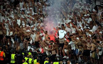 Eintracht Frankfurt fans in the stands celebrate after winning the UEFA Europa League Final at the Estadio Ramon Sanchez-Pizjuan, Seville. Picture date: Wednesday May 18, 2022. (Photo by Isabel Infantes/PA Images via Getty Images)