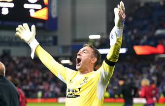 Rangers goalkeeper Allan McGregor celebrates victory after the final whistle in the UEFA Europa League semi-final, second leg match at Ibrox Stadium, Glasgow. Picture date: Thursday May 5, 2022.