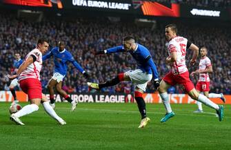 Rangers' Ryan Kent (centre) shoots towards goal during the UEFA Europa League semi-final, second leg match at Ibrox Stadium, Glasgow. Picture date: Thursday May 5, 2022.