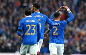 Rangers' James Tavernier (right) celebrates scoring their side's first goal of the game with team-mates during the UEFA Europa League semi-final, second leg match at Ibrox Stadium, Glasgow. Picture date: Thursday May 5, 2022.