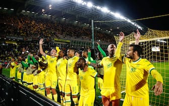 epa10171917 FC Nantes' players celebrate after winning the UEFA Europa League first leg group G soccer match between FC Nantes and Olympiakos FC, at the Stade de la Beaujoire in Nantes, France, 08 September 2022.  EPA/Mohammed Badra