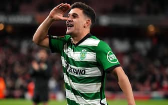 Sporting Lisbon's Pedro Goncalves celebrates after the UEFA Europa League round of sixteen, second leg match at the Emirates Stadium, London. Picture date: Thursday March 16, 2023.