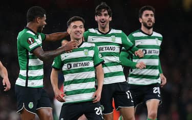 LONDON, ENGLAND - MARCH 16: Pedro Goncalves of Sporting and Trincao of Sporting celebrates equalizer during the UEFA Europa League round of 16 leg two match between Arsenal FC and Sporting CP at Emirates Stadium on March 16, 2023 in London, England. (Photo by Richard Sellers/Getty Images)