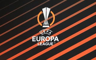 A view of the logo UEFA Europa League seen during the official press conference one day before the UEFA Europa League Group Stage match between Legia Warszawa and Leicester City FC at Marshal Jozef Pilsudski Legia Warsaw Municipal Stadium. (Photo by Mikolaj Barbanell / SOPA Images/Sipa USA)