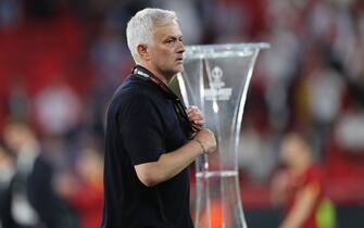 Budapest, Hungary: 31.05.2023:  Jose Mourinho  disappointment of losing the final at end of the Final UEFA Europa League 2023  match between Sevilla FC vs AS Roma at Puskas Arena of Budapest in Hungary