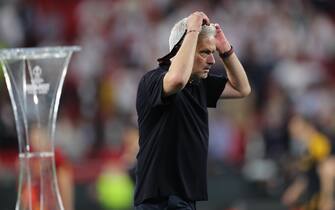 Budapest, Hungary: 31.05.2023:  Jose Mourinho  disappointment of losing the final at end of the Final UEFA Europa League 2023  match between Sevilla FC vs AS Roma at Puskas Arena of Budapest in Hungary