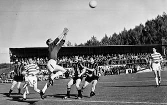 30th May 1967:  Celtic's goalkeeper, Ronnie Simpson, jumps to catch a high ball from Inter Milan during the European Cup final in Lisbon. Tommy Gemmell and Stevie Chalmers scored for Celtic which ensured a surprise 2-1 victory for the Scottish team. Celtic became the first British side to win the trophy and remain the only Scottish side to reach the final.  (Photo by Central Press/Getty Images)