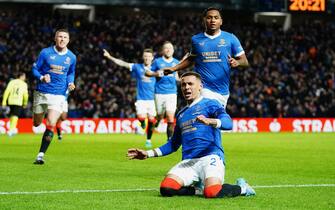 65511216 Rangers' James Tavernier celebrates scoring their side's first goal of the game from the penalty spot during the UEFA Europa League playoff second leg match at Ibrox Stadium, Glasgow. Picture date: Thursday February 24, 2022.