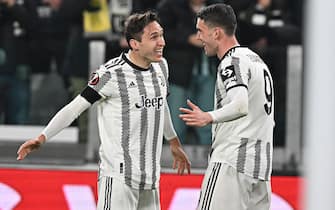 Juventus' Dusan Vlahovic jubilates after scoring the gol (1-0) during the UEFA Europa League play-off soccer match Juventus FC vs Nantes FC at the Allianz Stadium in Turin, Italy, 16 february 2023 ANSA/ALESSANDRO DI MARCO