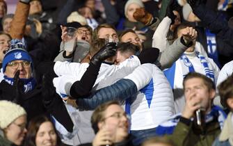 Finnish fans celebrate the 1-0 during the UEFA Euro 2020 Group J qualification football match between Finland and Liechtenstein in Helsinki, Finland, on November 15, 2019. (Photo by Martti Kainulainen / Lehtikuva / AFP) / Finland OUT (Photo by MARTTI KAINULAINEN/Lehtikuva/AFP via Getty Images)