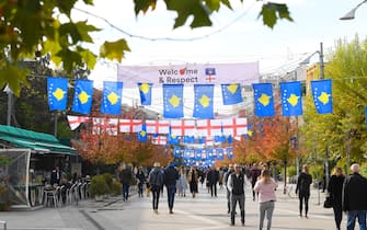 PRISTINA, KOSOVO - NOVEMBER 17: A view of flags on display before the UEFA Euro 2020 Qualifier between Kosovo and England on November 17, 2019 in Pristina, Kosovo. (Photo by Michael Regan/Getty Images)