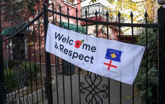 PRISTINA, KOSOVO - NOVEMBER 17: A banner welcomes England players  before the UEFA Euro 2020 Qualifier between Kosovo and England on November 17, 2019 in Pristina, Kosovo. (Photo by Michael Regan/Getty Images)