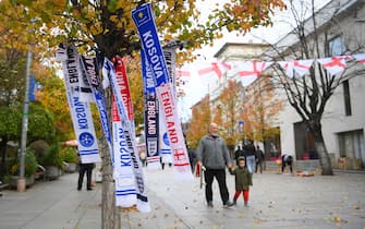 PRISTINA, KOSOVO - NOVEMBER 17: Scarves for sale on the street before the UEFA Euro 2020 Qualifier between Kosovo and England on November 17, 2019 in Pristina, Kosovo. (Photo by Michael Regan/Getty Images)