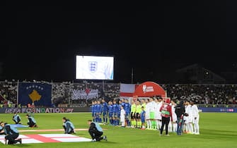 PRISTINA, KOSOVO - NOVEMBER 17: The teams line up for the anthems during the UEFA Euro 2020 Qualifier between Kosovo and England at the Pristina City Stadium on November 17, 2019 in Pristina, Kosovo. (Photo by Michael Regan/Getty Images)