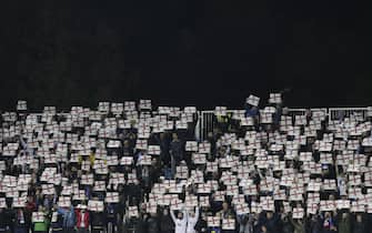 epa08004154 England fans display banners during the UEFA EURO 2020 group A qualifying soccer match between Kosovo and England in Pristina, Kosovo, 17 November 2019.  EPA/VALDRIN XHEMAJ