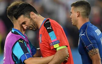 Euro 2016:Germany-Italy Italy goalkeeper Gianluigi Buffon shows his dejection at tje end of the UEFA EURO 2016 quater final between Germany and Italy at the Stade de Bordeaux in Bordeaux, France, 2 July 2016.Ansa/Daniel Dal Zennaro