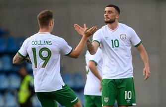Andorra , Andorra - 3 June 2021; Troy Parrott of Republic of Ireland, right, celebrates with team-mate James Collins after scoring their side's first goal during the International friendly match between Andorra and Republic of Ireland at Estadi Nacional in Andorra. (Photo By Stephen McCarthy/Sportsfile via Getty Images)