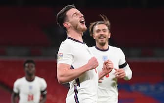 epa08828072 Declan Rice (front) of England celebrates after scoring the opening goal during the UEFA Nations League soccer match between England and Iceland in London, Britain, 18 November 2020.  EPA/Michael Regan / POOL
