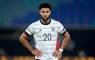 14 November 2020, Saxony, Leipzig: Football: Nations League A, Group stage, Group 4, Matchday 5, Germany - Ukraine in the Red Bull Arena. Serge Gnabry from Germany reacts. IMPORTANT NOTE: In accordance with the regulations of the DFL Deutsche Fu