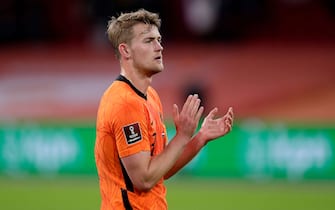 AMSTERDAM, NETHERLANDS - MARCH 27: Matthijs de Ligt of Holland celebrates the victory  during the  World Cup Qualifier  match between Holland  v Latvia at the Johan Cruijff Arena on March 27, 2021 in Amsterdam Netherlands (Photo by Angelo Blankespoor/Soccrates/Getty Images)