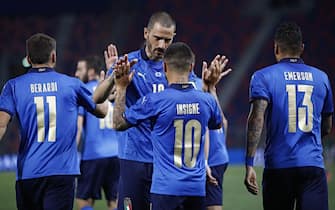 Italy's Lorenzo Insigne jubilates with his teammates after scoring the goal during the international friendly soccer match Italy vs Czech Republic at Renato Dall'Ara stadium in Bologna, Italy, 04 June 2021. ANSA /ELISABETTA BARACCHI