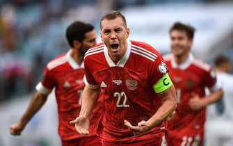 The qualifying match of the 2022 FIFA World Cup between the national teams of Russia and Slovenia at the Fisht stadium. Russian national team player Artyom Dzyuba during a match.March 27, 2021. Russia, KrasnodarPhoto credit: Ivan Vodop'janov/Kommersant/Sipa USA