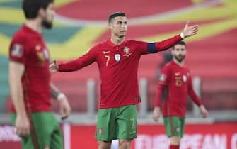 epa09095025 Portugal's Cristiano Ronaldo reacts during the FIFA World Cup Qatar 2022 Group A qualifier match Portugal against Azerbaijan in Turin, Italy, 24 March 2021.  EPA/MIGUEL A. LOPES