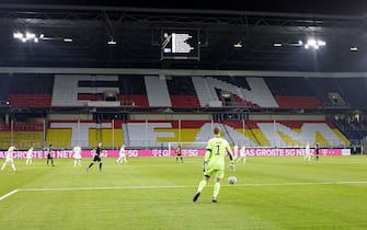 goalwart Manuel NEUER (GER) in front of a choreography in the Germany colors and the lettering 'AÃ» Ein Team' AÃ» on the tribuene, action, football Laenderspiel, World Cup qualification group J matchday 1, Germany (GER) - Iceland (ISL) 3: 0 , on March 25th, 2021 in Duisburg / Germany. Â¬ | usage worldwide