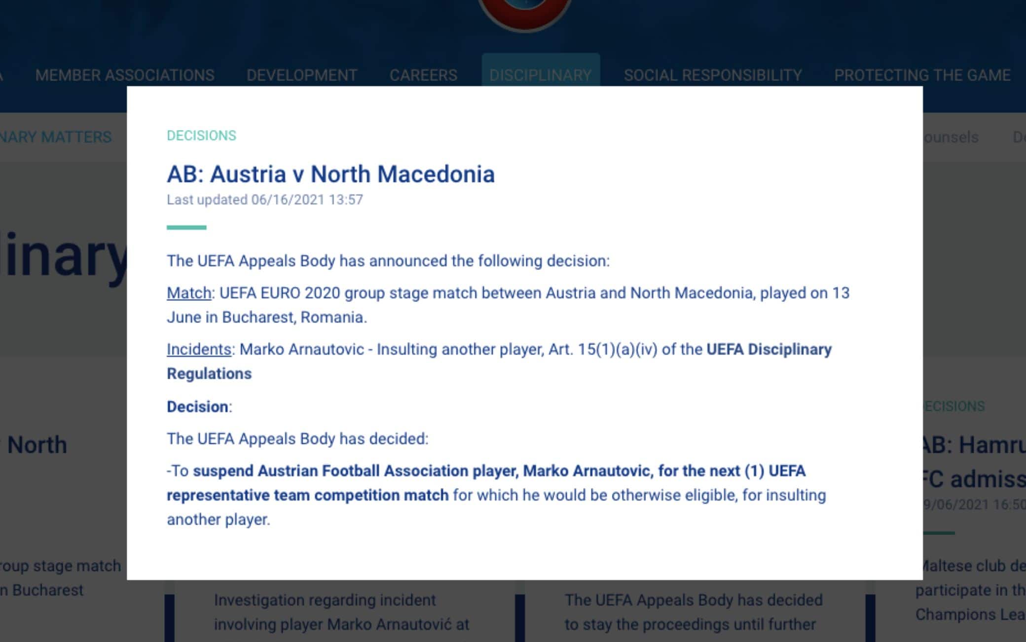 Il comunicato dell'Uefa sulla squalifica di Arnautovic