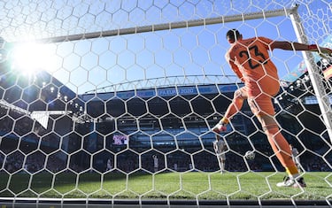 Spain's goalkeeper Unai Simon kicks the ball after scoring an own goal during the UEFA EURO 2020 round of 16 football match between Croatia and Spain at the Parken Stadium in Copenhagen on June 28, 2021. (Photo by Jonathan NACKSTRAND / AFP) (Photo by JONATHAN NACKSTRAND/AFP via Getty Images)