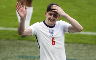 epa09311754 Harry Maguire of England celebrates after the UEFA EURO 2020 round of 16 soccer match between England and Germany in London, Britain, 29 June 2021.  EPA/John Sibley / POOL (RESTRICTIONS: For editorial news reporting purposes only. Images must appear as still images and must not emulate match action video footage. Photographs published in online publications shall have an interval of at least 20 seconds between the posting.)