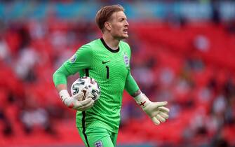 epa09294092 Goalkeeper Jordan Pickford of England during the UEFA EURO 2020 group D preliminary round soccer match between the Czech Republic and England in London, Britain, 22 June 2021.  EPA/Carl Recine / POOL (RESTRICTIONS: For editorial news reporting purposes only. Images must appear as still images and must not emulate match action video footage. Photographs published in online publications shall have an interval of at least 20 seconds between the posting.)