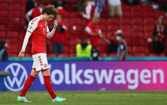 COPENHAGEN, DENMARK - JUNE 12: Andreas Skov Olsen of Denmark looks dejected after the UEFA Euro 2020 Championship Group B match between Denmark and Finland on June 12, 2021 in Copenhagen, Denmark. (Photo by Martin Rose - UEFA/UEFA via Getty Images)