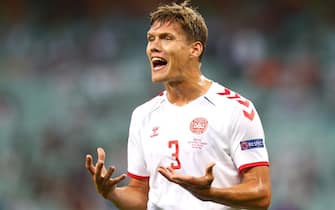 epa09320511 Jannik Vestergaard of Denmark reacts during the UEFA EURO 2020 quarter final match between the Czech Republic and Denmark in Baku, Azerbaijan, 03 July 2021.  EPA/Naomi Baker / POOL (RESTRICTIONS: For editorial news reporting purposes only. Images must appear as still images and must not emulate match action video footage. Photographs published in online publications shall have an interval of at least 20 seconds between the posting.)