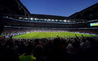 A general view of the action on the pitch from the stands during the UEFA Euro 2020 semi final match at Wembley Stadium, London. Picture date: Wednesday July 7, 2021.