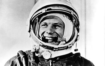 © LaPressearchivio storicoMosca 12-04-1961storicoYuri Gagarinnella foto: il cosmonauta e aviatore sovietico Yuri Gagarin, il primo uomo lanciato nello spazio.Busta 406