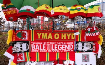 Wales merchandise for sale outside of the stadium ahead of the UEFA Euro 2024 qualifying group C match at the Cardiff City Stadium, Cardiff. Picture date: Tuesday March 28, 2023.