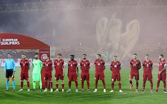 epa10543025 Armenian players line up prior to the UEFA EURO 2024 qualification soccer match between Armenia and Turkey, in Yerevan, Armenia, 25 March 2023.  EPA/PHOTOLURE
