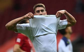 Serbia's forward Dusan Vlahovic reacts after missing a goal at the end of the UEFA Nations League group B3 football match between Turkey and Serbia at the Turk Telekom Ali Samiyen sport complex stadium in Istanbul on October 14, 2020. (Photo by Ozan KOSE / AFP) (Photo by OZAN KOSE/AFP via Getty Images)