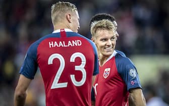 1166103053 OSLO, NORWAY - SEPTEMBER 05: Erling Braut Haaland, Martin Odegaard of Norway during the UEFA Euro 2020 qualifier between Norway and Malta at Ullevaal Stadion on September 5, 2019 in Oslo, Norway. (Photo by Trond Tandberg/Getty Images)
