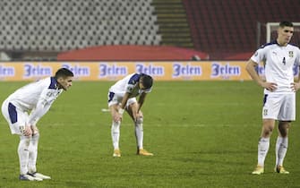 SERBIA SOCCER UEFA EURO 2020 PLAY-OFF epa08816872 Serbia's players react after losing the UEFA EURO 2020 qualification playoff match between Serbia and Scotland in Belgrade, Serbia, 12 November 2020. EPA/ANDREJ CUKIC