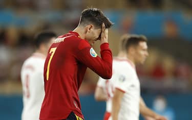 SEVILLE, SPAIN - JUNE 19: Alvaro Morata of Spain looks dejected during the UEFA Euro 2020 Championship Group E match between Spain and Poland at Estadio La Cartuja on June 19, 2021 in Seville, Spain. (Photo by Marcelo Del Pozo - Pool/Getty Images)