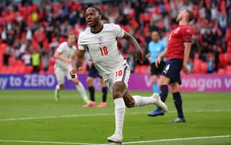 LONDON, ENGLAND - JUNE 22: Raheem Sterling of England celebrates after scoring their team's first goal during the UEFA Euro 2020 Championship Group D match between Czech Republic and England at Wembley Stadium on June 22, 2021 in London, England. (Photo by Laurence Griffiths/Getty Images)