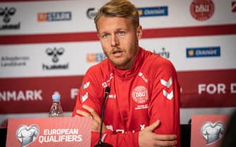 epa07996400 Denmark's Simon Kjaer attends a press conference in Copenhagen, Denmark, 14 November 2019. Denmark plays Euro 2020 Qualifier against Gibraltar on 15 November.  EPA/Niels Christian Vilmann  DENMARK OUT
