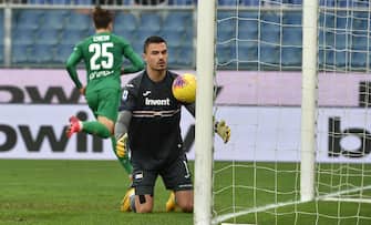 GENOA, ITALY - FEBRUARY 16: Emil Audero goalkeeper of UC Sampdoria after penalty of Federico Chiesa of ACF Fiorentina during the Serie A match between UC Sampdoria and  ACF Fiorentina at Stadio Luigi Ferraris on February 16, 2020 in Genoa, Italy. (Photo by Paolo Rattini/Getty Images)