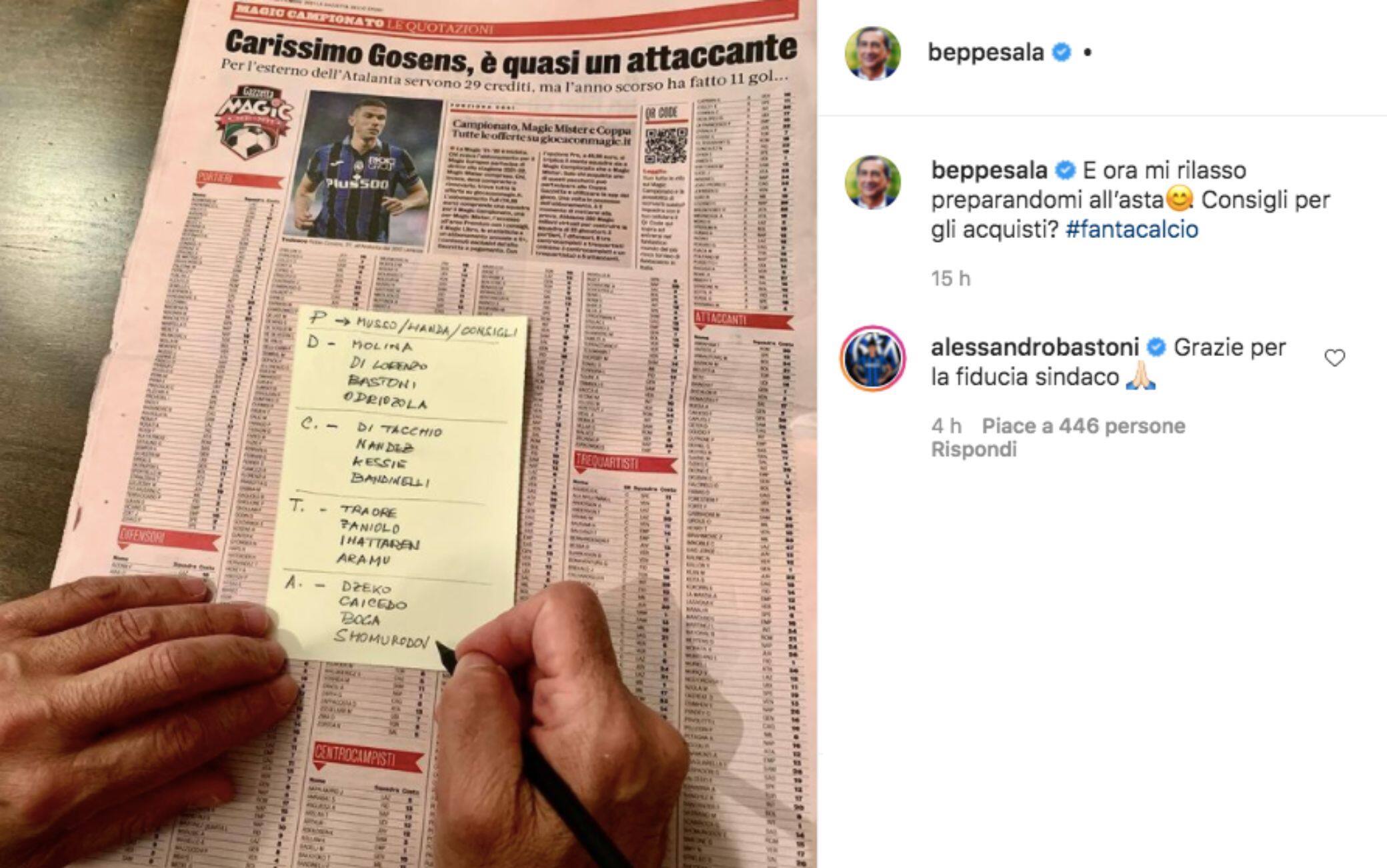 Il post di Sala su Instagram con il commento di Bastoni