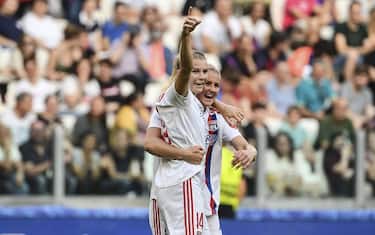 TURIN, ITALY, MAY 21:
Ada Hegerberg (L), of Olympique Lyonnais, celebrates with her teammate Lindsey Horan (R) after scoring during the Women Champions League football match between Barcelona and Olympique Lyonnais at Juventus Stadium in Turin, Italy, on May 21, 2022. (Photo by Isabella Bonotto/Anadolu Agency via Getty Images)